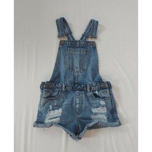 Forever 21 Womens 27 Cut Off Cuff Shorts Distressed Denim Bib Front Overalls EUC